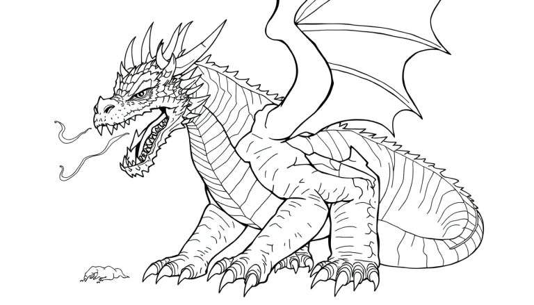 Dragon à colorier avec des cornes et des ailes déployées