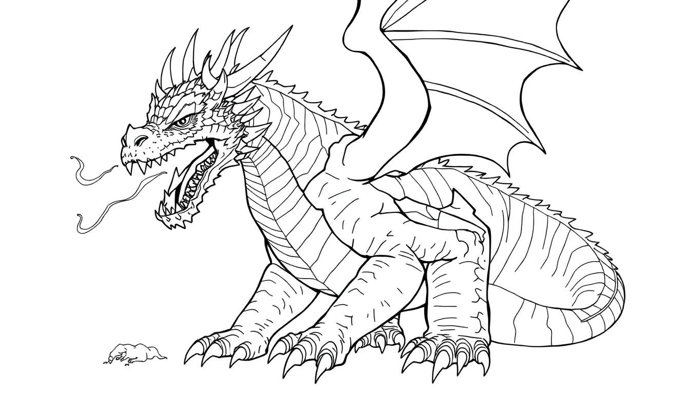 Dragon à colorier avec des cornes et des ailes déployées