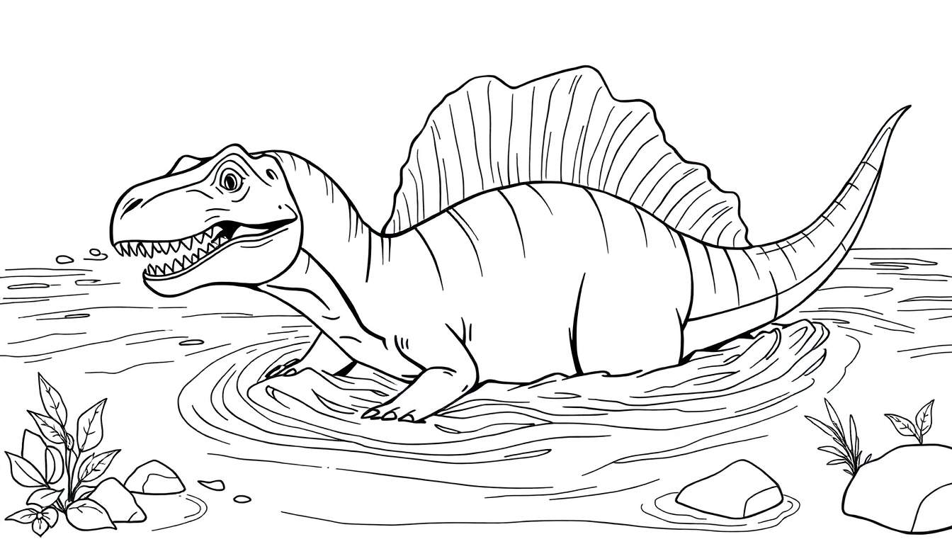 Un dessin au trait d'un spinosaure nageant, avec sa voile dorsale visible dans une rivière.