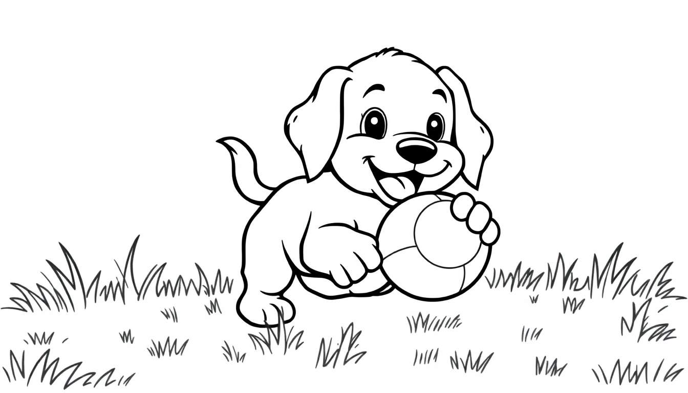 Une coloriage d'un chiot joyeux tenant une balle dans l'herbe.