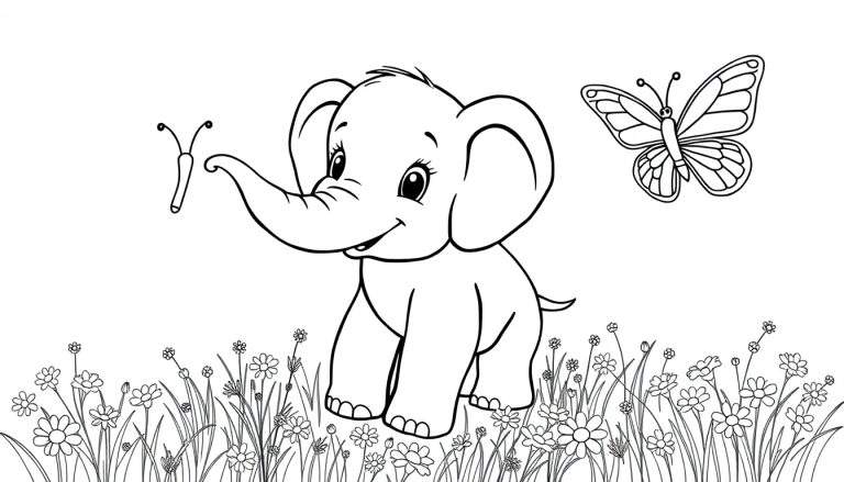 Un éléphant de bébé heureux fait du coloriage avec un papillon dans un champ de fleurs.