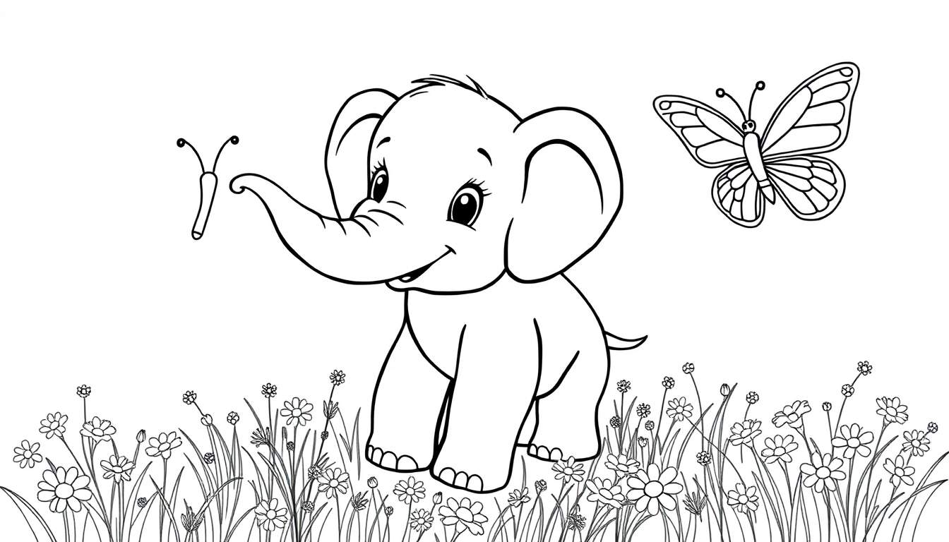 Un éléphant de bébé heureux fait du coloriage avec un papillon dans un champ de fleurs.