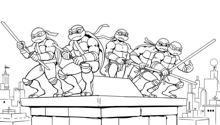 Dessin en noir et blanc des Tortues Ninja sur un toit, prêt à colorier.
