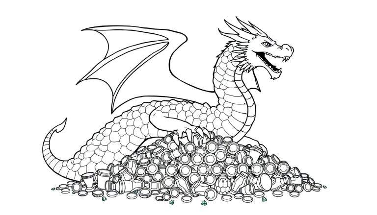 Un dragon noir et blanc assis sur un tas de pièces d'or, prêt à être colorisé avec un color panel.