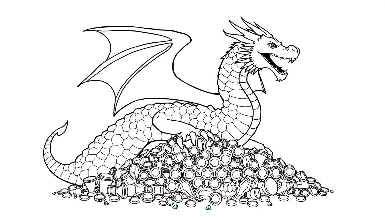 Un dragon noir et blanc assis sur un tas de pièces d'or, prêt à être colorisé avec un color panel.