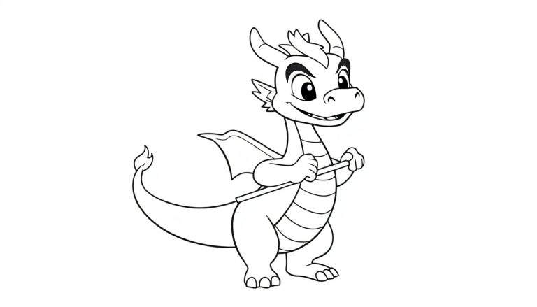 Dragon amical en noir et blanc prêt à être colorié, tenant un bâton, dans un color panel.
