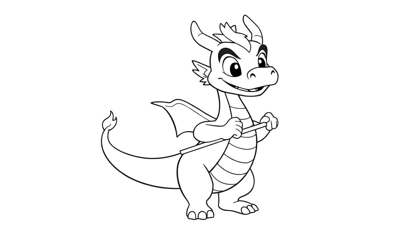 Dragon amical en noir et blanc prêt à être colorié, tenant un bâton, dans un color panel.