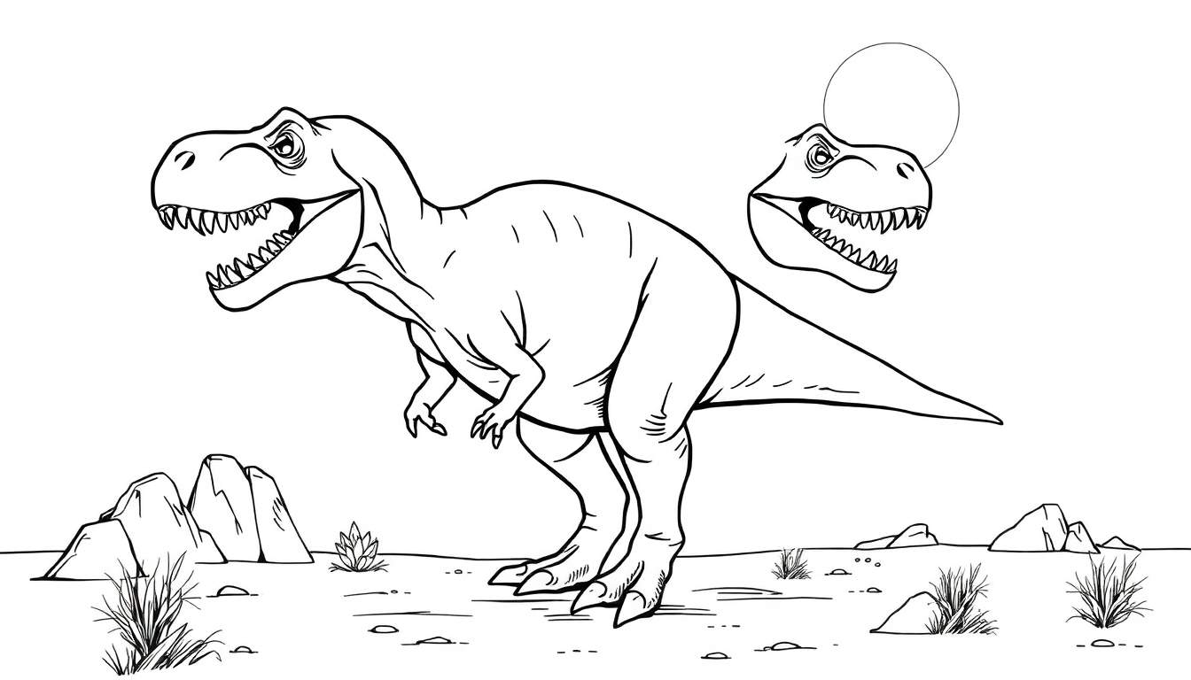 Un dessin au trait noir et blanc d'un tyrannosaure rex rugissant avec des rochers et de l'herbe.