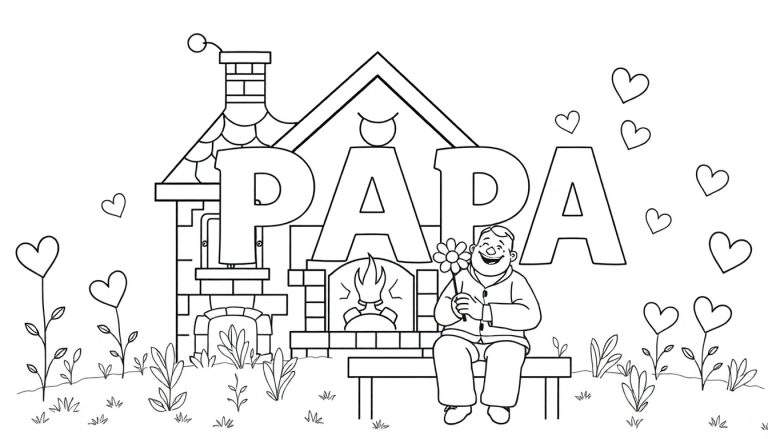 Dessin au trait d'un homme souriant tenant une fleur, devant une maison avec 'PAPA' écrit dessus, entouré de cœurs et de végétation, parfait pour une page à colorier.