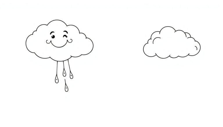 Deux nuages dessinés, l'un souriant avec des gouttes de pluie, l'autre simple, sur un fond blanc.