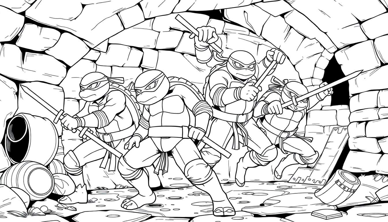 Quatre Tortues Ninja dans un égout, prêtes au combat.