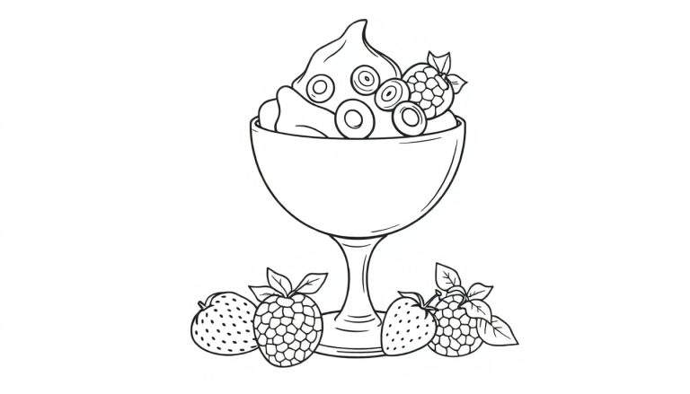Un dessin au trait d'une coupe de fruits avec de la crème fouettée et des baies, parfaite pour un color panel.