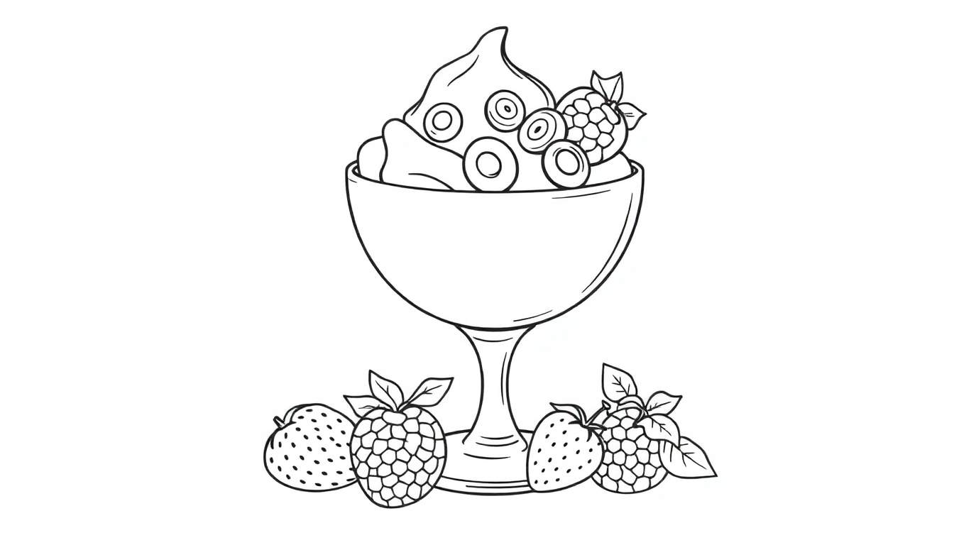 Un dessin au trait d'une coupe de fruits avec de la crème fouettée et des baies, parfaite pour un color panel.
