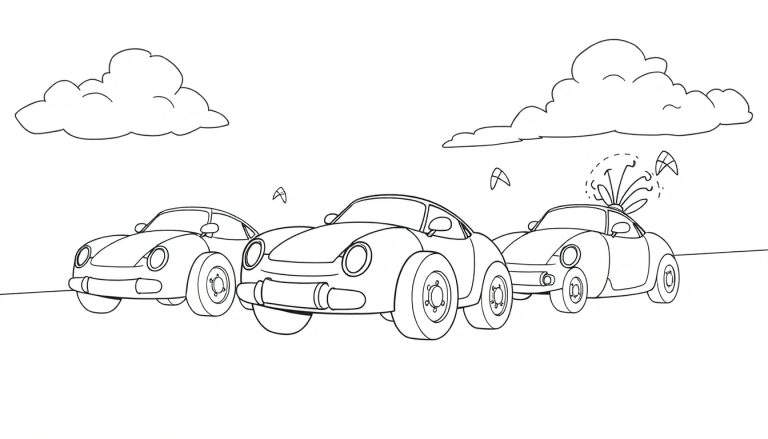 Trois voitures de sport dessinées dans un style de dessin animé, garées côte à côte sous un ciel avec des nuages et des formes en 'A' flottantes.