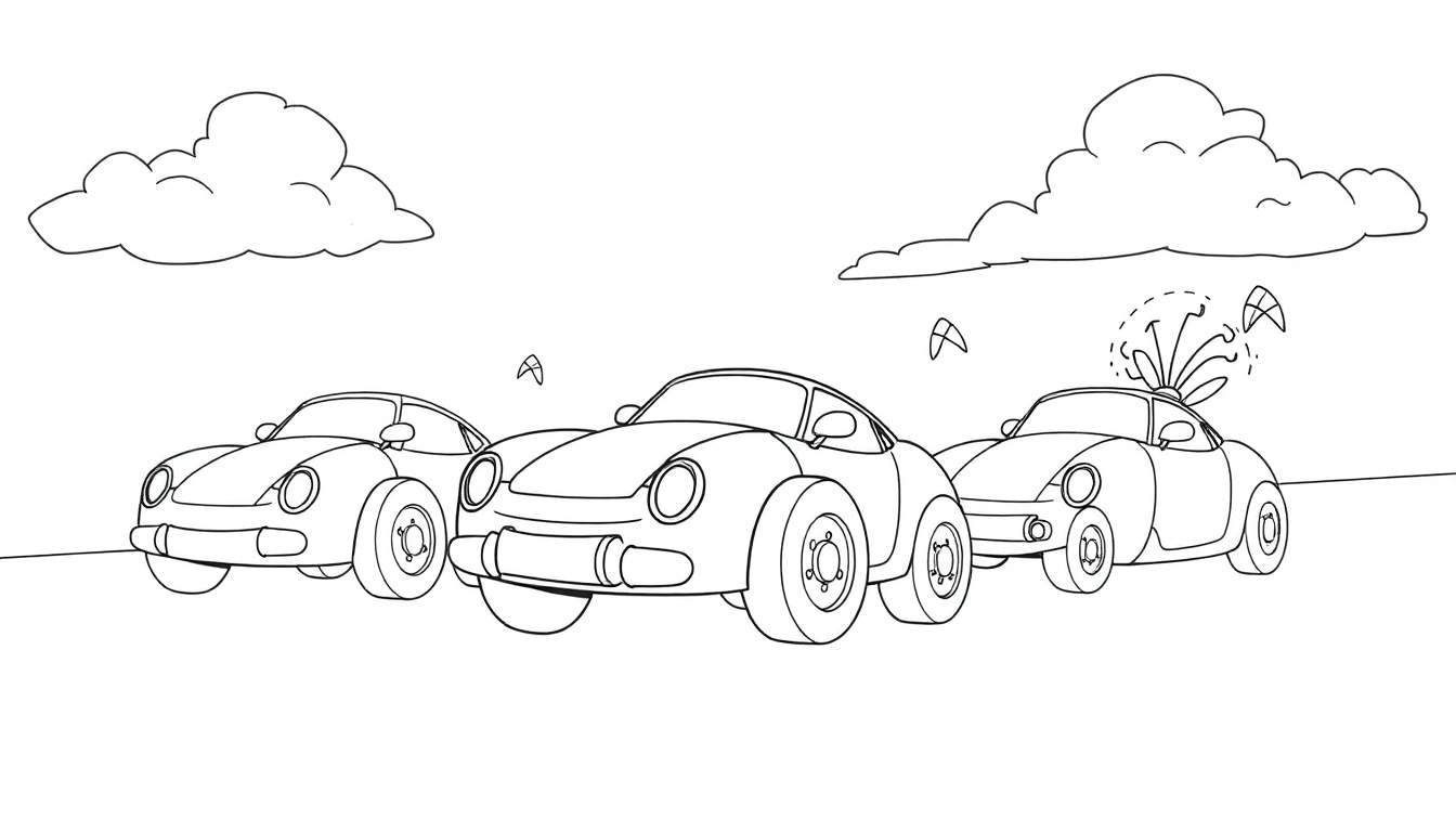 Trois voitures de sport dessinées dans un style de dessin animé, garées côte à côte sous un ciel avec des nuages et des formes en 'A' flottantes.