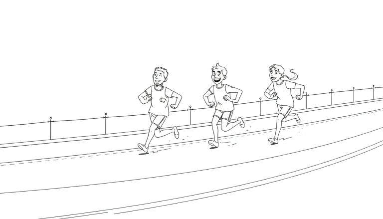 Trois coureurs colorés sur une piste, style bande dessinée, avec une rampe de sécurité.
