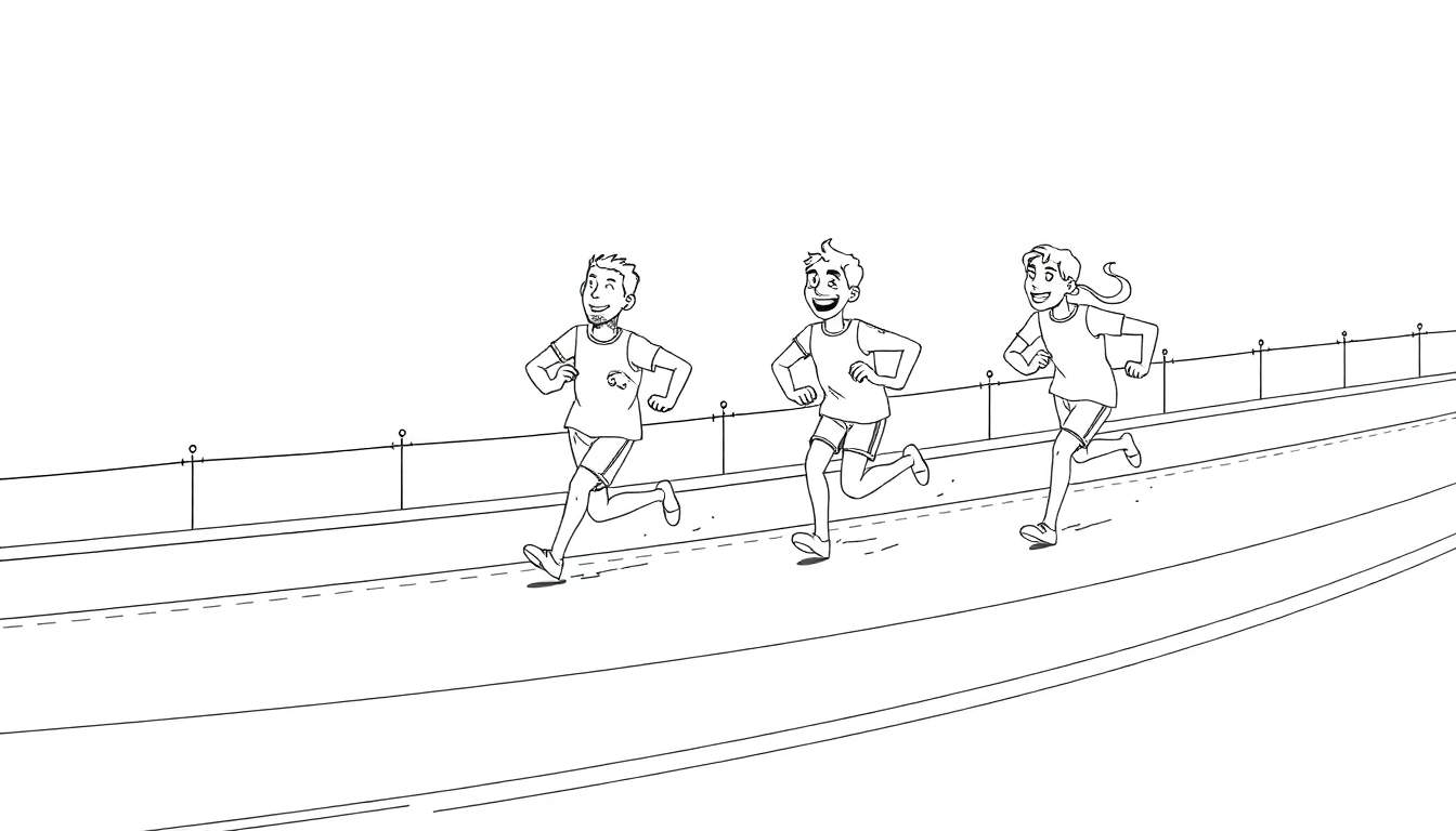 Trois coureurs colorés sur une piste, style bande dessinée, avec une rampe de sécurité.