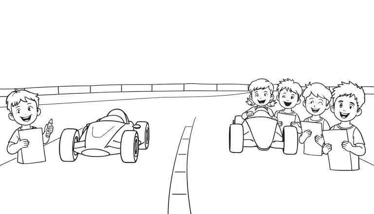 Dessin au trait d'enfants observant une course automobile avec des blocs-notes et des crayons, suggérant une activité de coloriage ou d'évaluation.