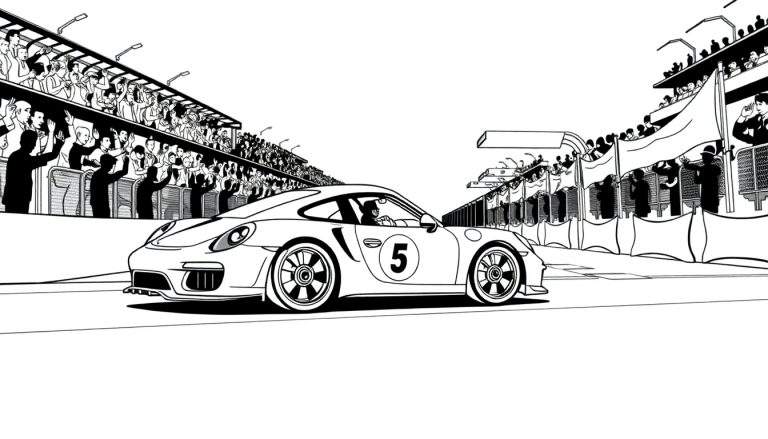 Illustration en noir et blanc d'une course de Porsche portant le numéro 5, avec des spectateurs dans les gradins et des officiels sur le bord de la piste.