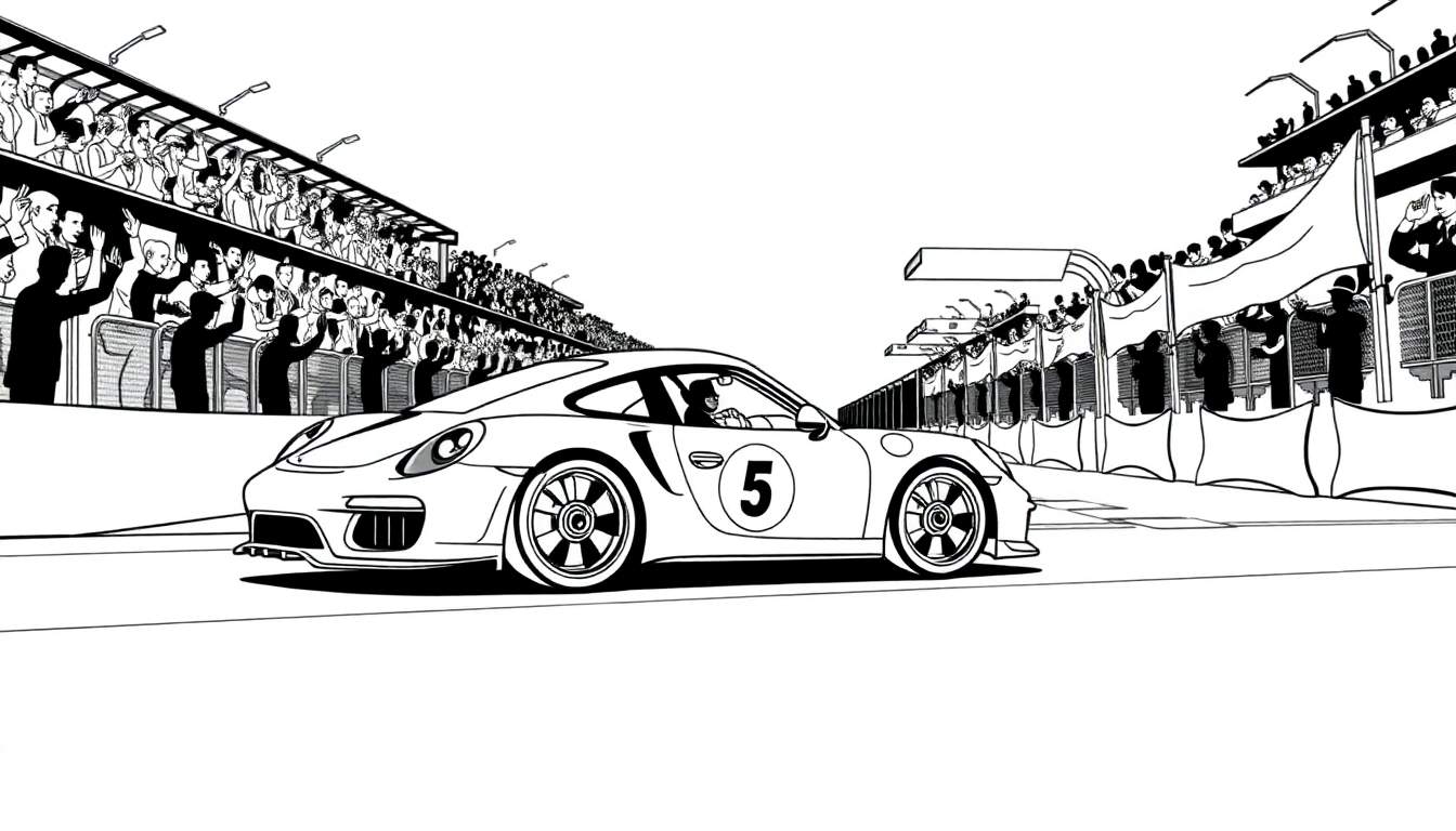 Illustration en noir et blanc d'une course de Porsche portant le numéro 5, avec des spectateurs dans les gradins et des officiels sur le bord de la piste.