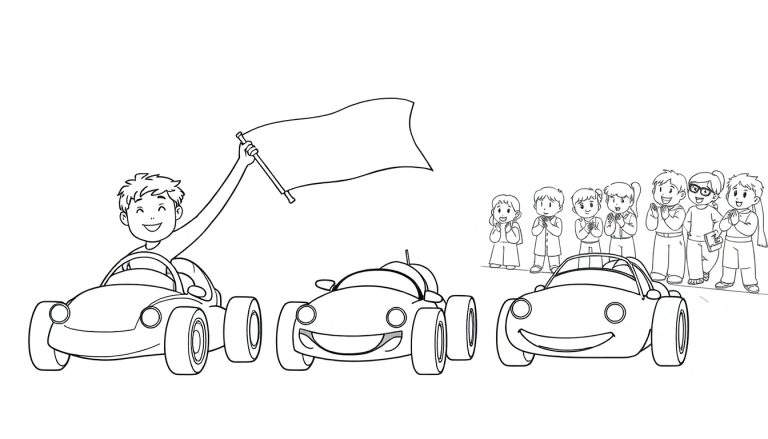 Dessin au trait d'une course de voitures joyeuse avec des enfants encourageant. Un garçon tient une bannière dans une voiture souriante. Les autres enfants ont les mains jointes. Le color panel est prêt à être coloré.