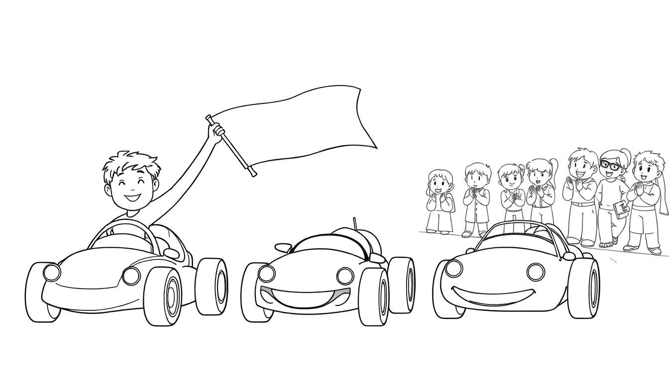 Dessin au trait d'une course de voitures joyeuse avec des enfants encourageant. Un garçon tient une bannière dans une voiture souriante. Les autres enfants ont les mains jointes. Le color panel est prêt à être coloré.