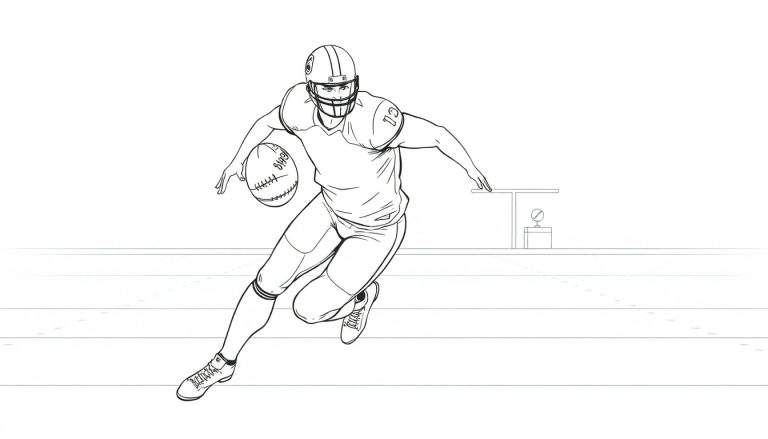 Joueur de football américain portant le numéro 12, courant avec le ballon sur un terrain en noir et blanc.