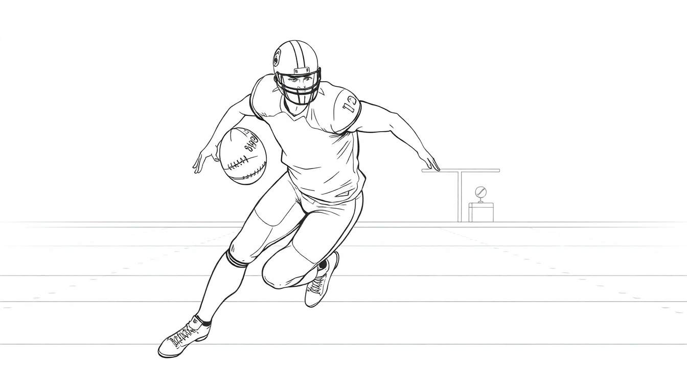 Joueur de football américain portant le numéro 12, courant avec le ballon sur un terrain en noir et blanc.