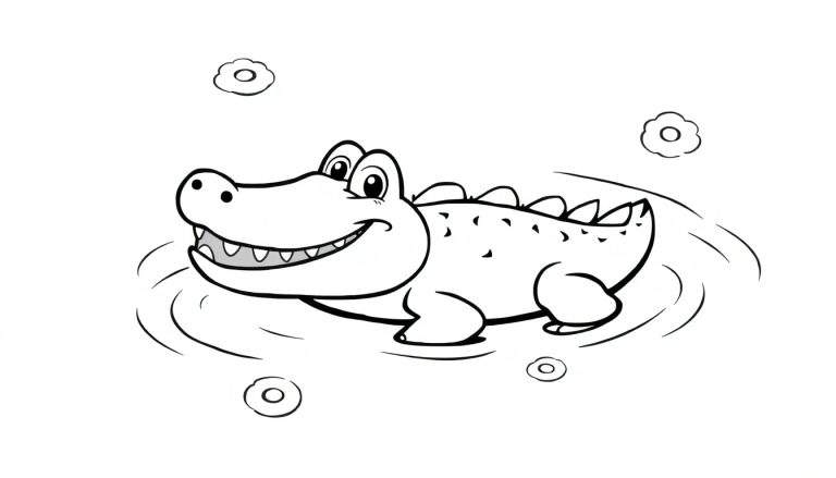 Un dessin au trait d'un crocodile souriant avec des pointes sur le dos, nageant dans l'eau avec des cercles et des fleurs, prêt pour un color panel.