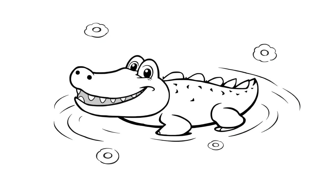 Un dessin au trait d'un crocodile souriant avec des pointes sur le dos, nageant dans l'eau avec des cercles et des fleurs, prêt pour un color panel.
