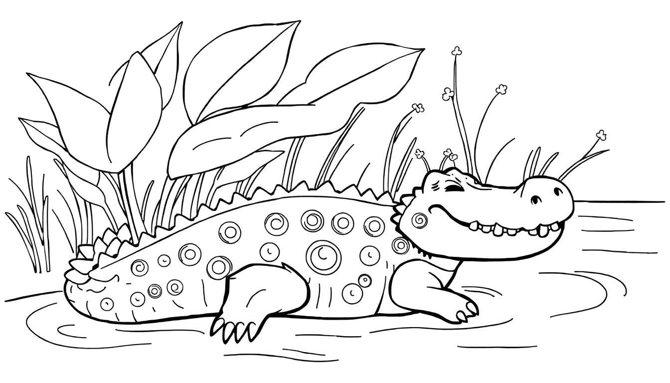 Dessin au trait d'un crocodile souriant dans l'eau avec des nénuphars, prêt pour un color panel.