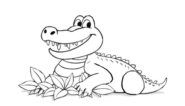 Un dessin au trait d'un adorable crocodile souriant dans un color panel.