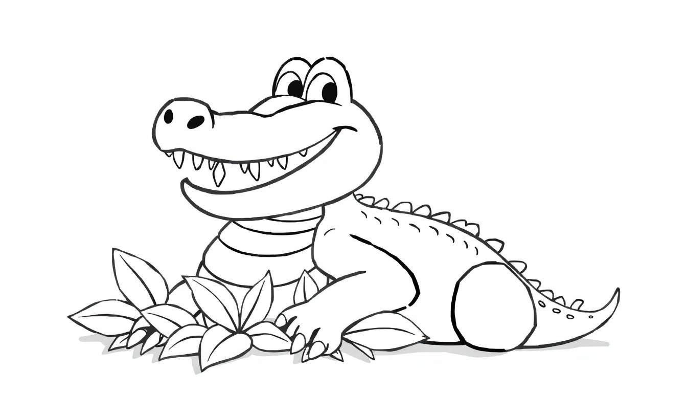 Un dessin au trait d'un adorable crocodile souriant dans un color panel.