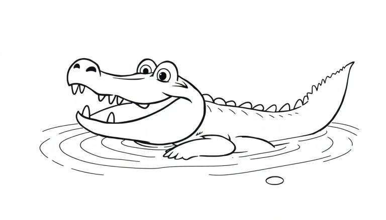 Dessin au trait noir et blanc d'un crocodile souriant nageant dans l'eau, prêt à être colorié.
