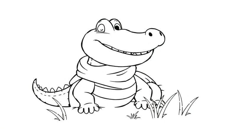 Dessin au trait d'un crocodile de dessin animé souriant avec une écharpe, assis dans l'herbe, prêt pour le color panel.