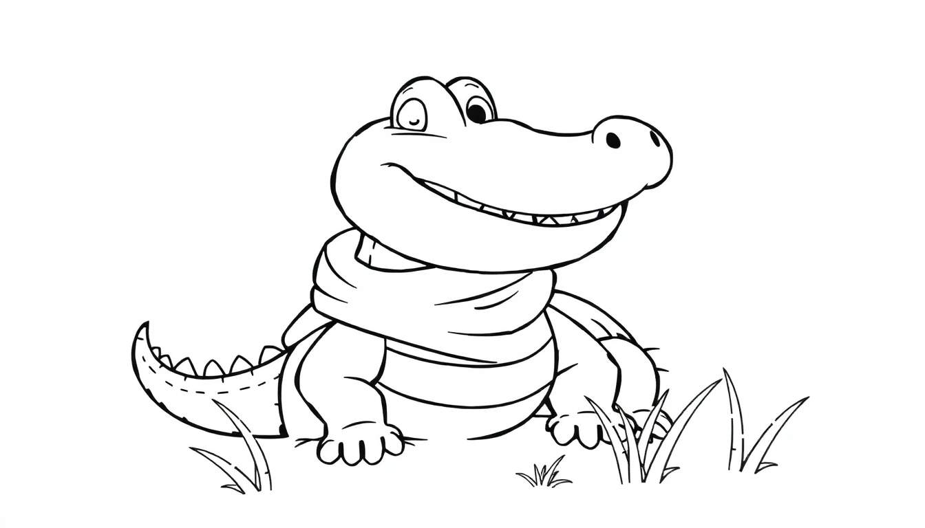 Dessin au trait d'un crocodile de dessin animé souriant avec une écharpe, assis dans l'herbe, prêt pour le color panel.
