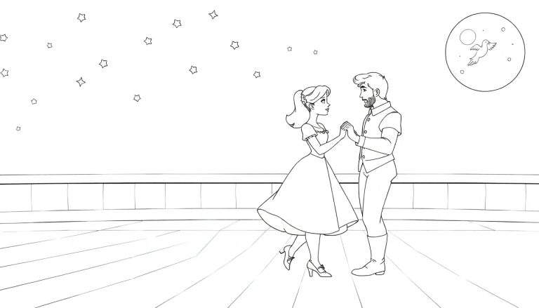 Un couple danse sur un balcon sous un ciel étoilé, style illustration en noir et blanc pour colorier, un color panel.