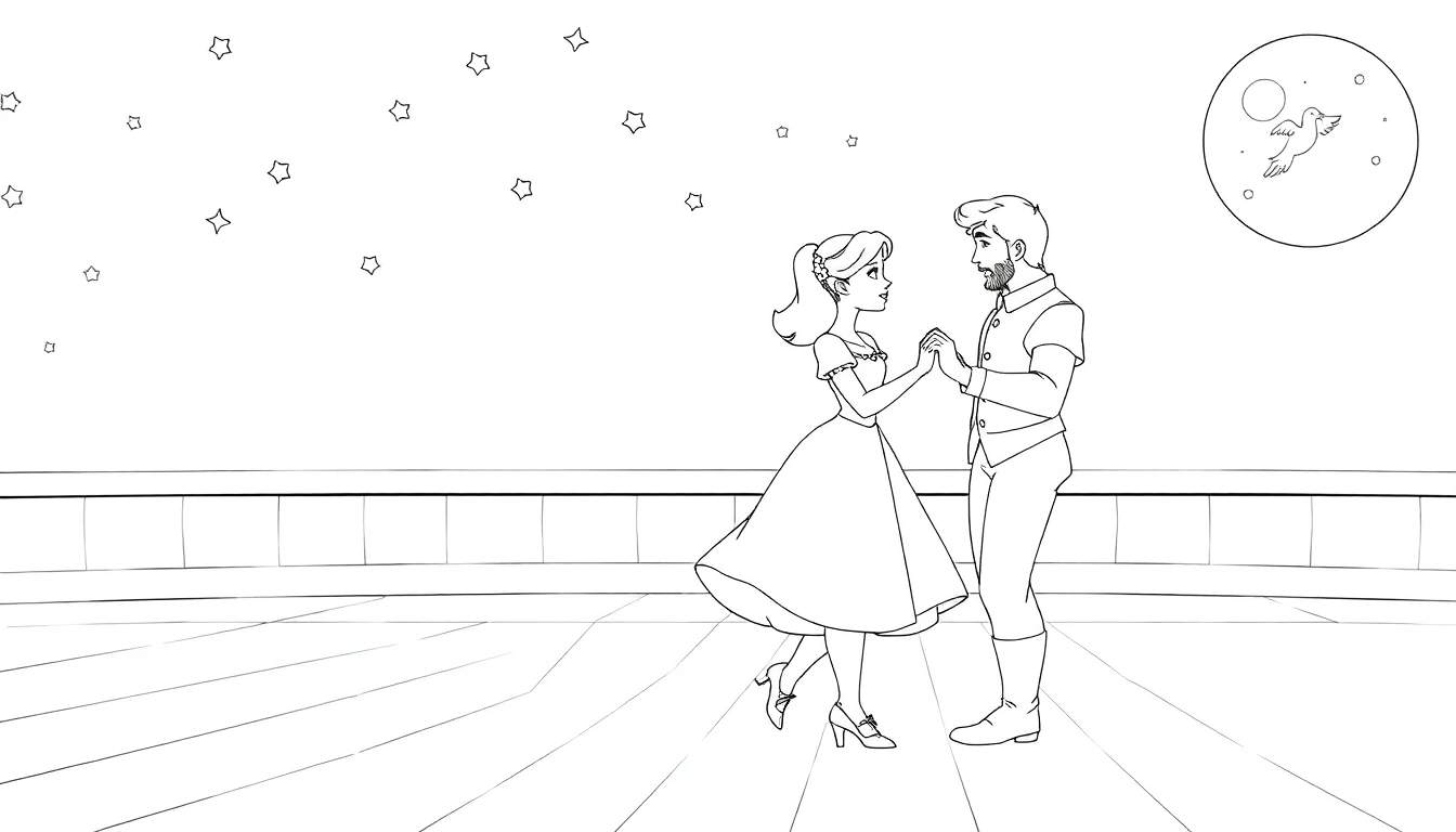 Un couple danse sur un balcon sous un ciel étoilé, style illustration en noir et blanc pour colorier, un color panel.