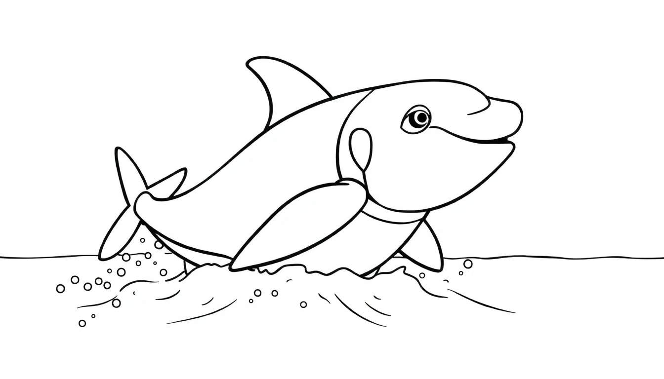 Un dessin au trait simple d'un dauphin sautant hors de l'eau, parfait pour un color panel.