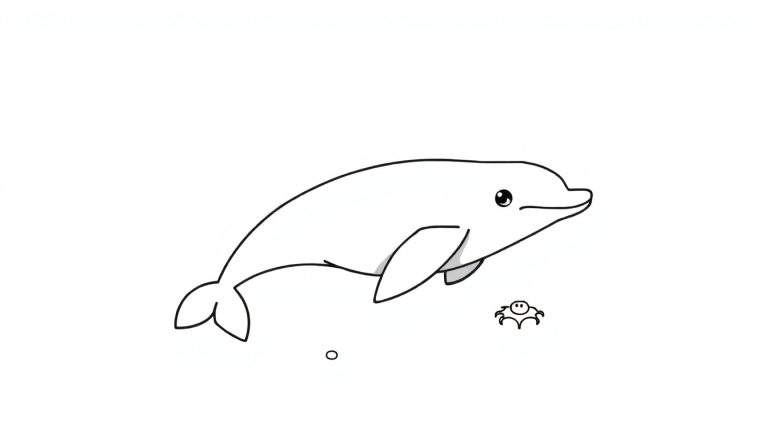 Dessin au trait d'un dauphin regardant à droite, avec une petite créature marine à côté et un cercle en dessous, parfait pour un color panel.