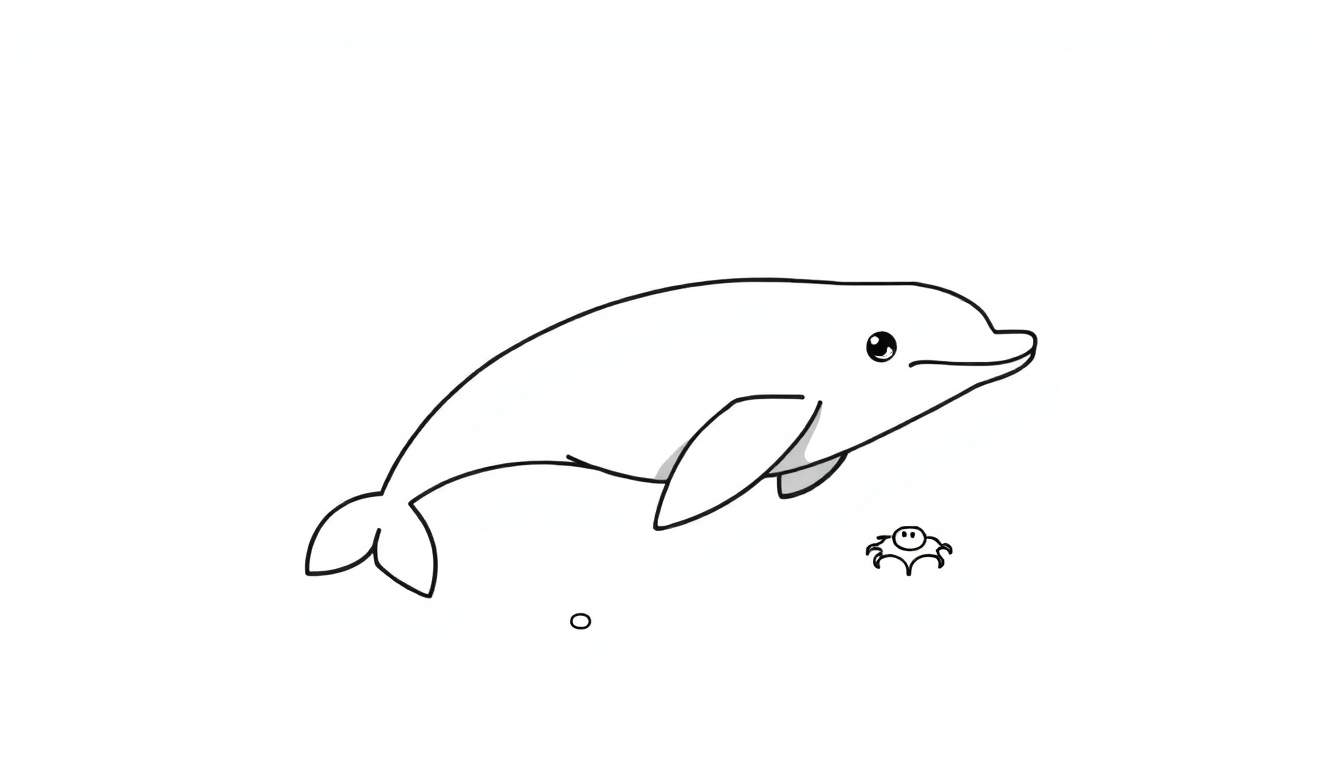 Dessin au trait d'un dauphin regardant à droite, avec une petite créature marine à côté et un cercle en dessous, parfait pour un color panel.
