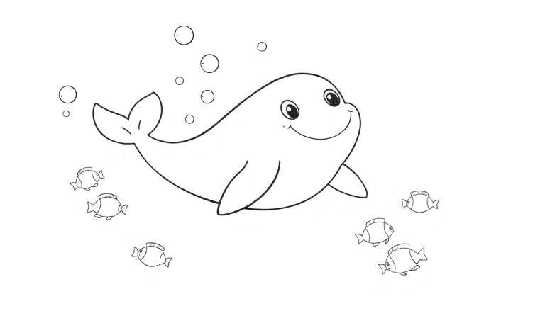 Un dessin au trait d'un dauphin souriant entouré de bulles et de poissons, idéal pour un color panel.