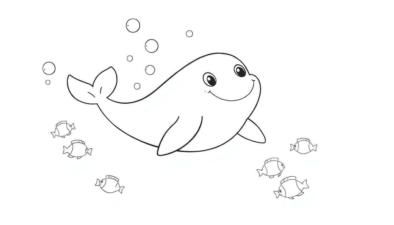 Un dessin au trait d'un dauphin souriant entouré de bulles et de poissons, idéal pour un color panel.