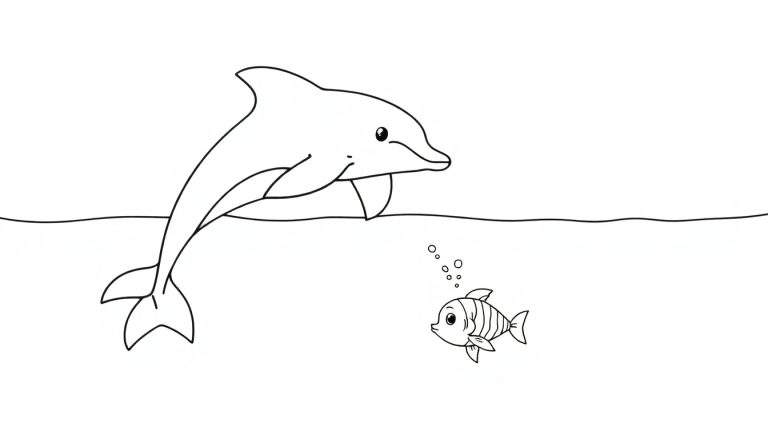 Dessin au trait d'un dauphin sautant hors de l'eau, un petit poisson nageant en dessous avec des bulles, color panel.