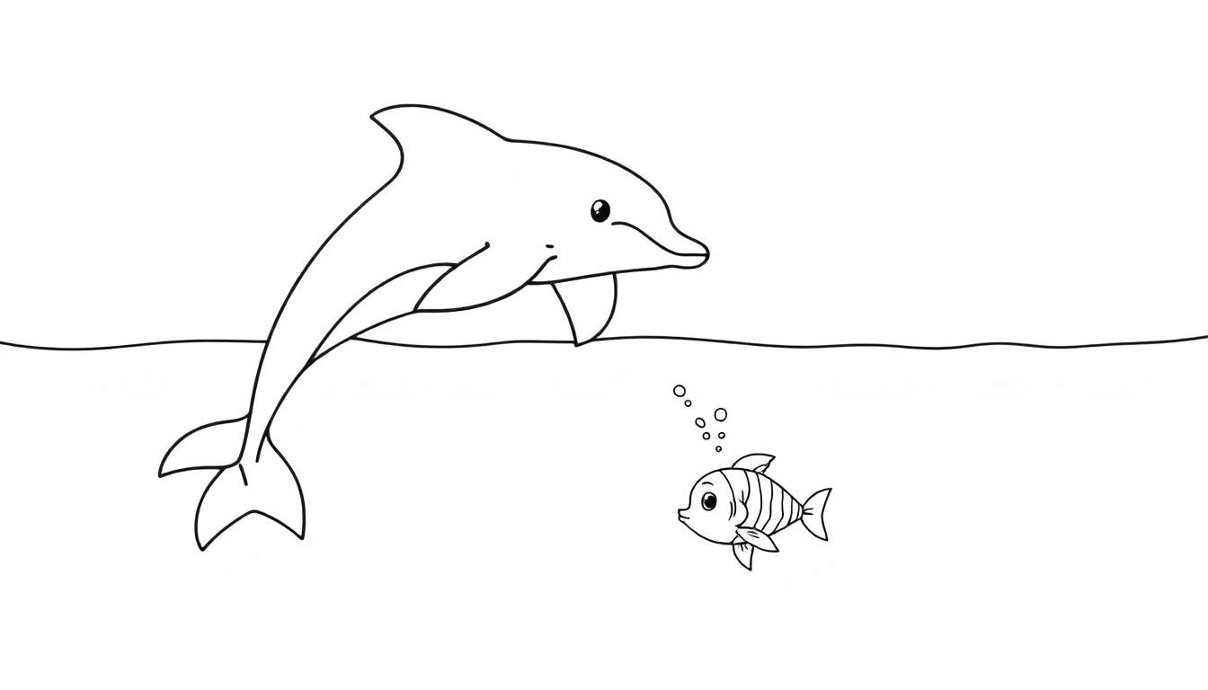 Dessin au trait d'un dauphin sautant hors de l'eau, un petit poisson nageant en dessous avec des bulles, color panel.