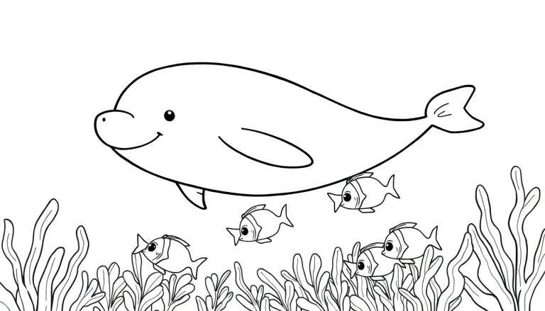 Un dessin simple au trait d'un dauphin de dessin animé nageant au-dessus de petits poissons aux grands yeux et d'algues, prêt pour une page de coloriage color panel.