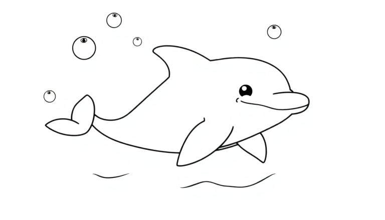 Un dessin au trait simple d'un dauphin joyeux nageant dans l'eau, entouré de bulles, conçu pour un coloriage.