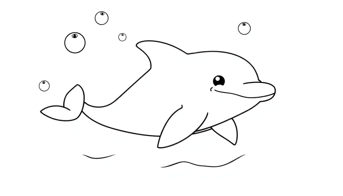 Un dessin au trait simple d'un dauphin joyeux nageant dans l'eau, entouré de bulles, conçu pour un coloriage.