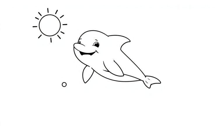 Un dessin au trait d'un dauphin souriant nageant sous le soleil, prêt pour une aventure de coloriage sur un panneau de coloriage.