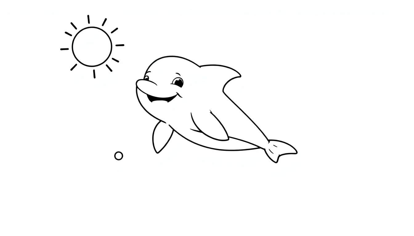 Un dessin au trait d'un dauphin souriant nageant sous le soleil, prêt pour une aventure de coloriage sur un panneau de coloriage.